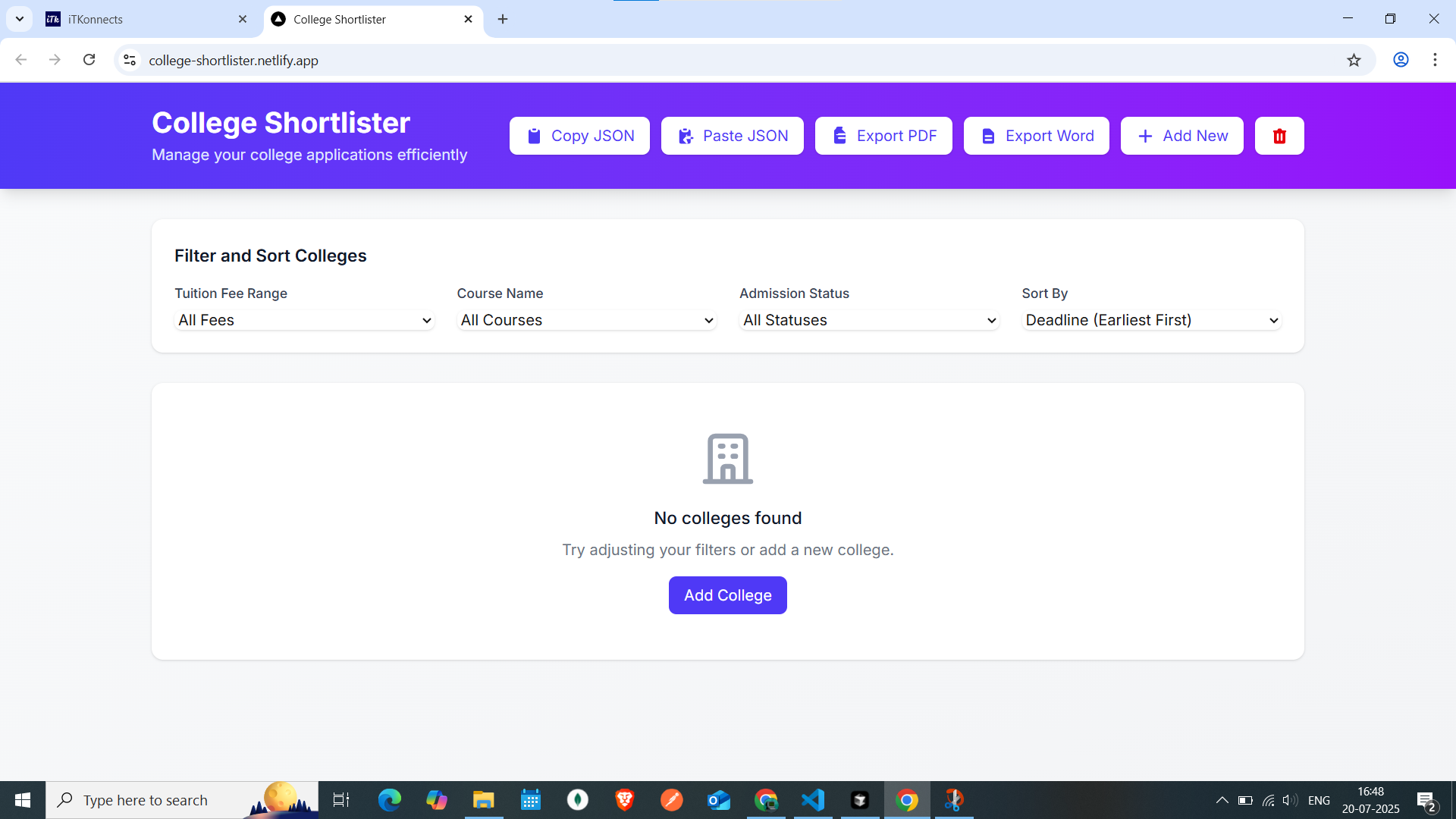 College Shortlister Web App Screenshot